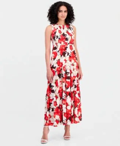 Anne Klein Womens Smocked Bodice Tiered Maxi Dress In Red