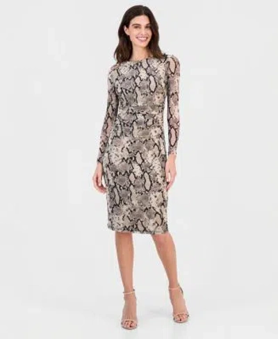 Anne Klein Womens Snake Print Shirred Waist Long Sleeve Midi Dress In Animal Print
