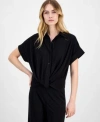 Anne Klein Womens Solid Twist Front Button Down Textured Crepe Knit Top Xxs P Xxl In Black
