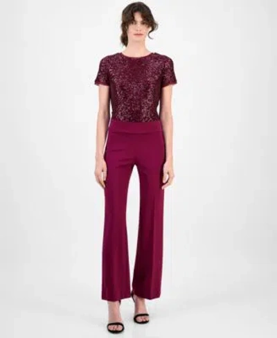 Anne Klein Womens Solid Wide Leg Pull On Compression Pants P Xxs Xxl In Burgundy
