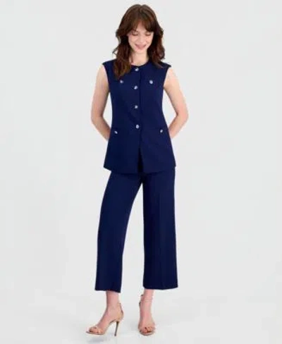 Anne Klein Womens Stretch Crepe Four Button Vest Wide Leg Cropped Pants In Blue