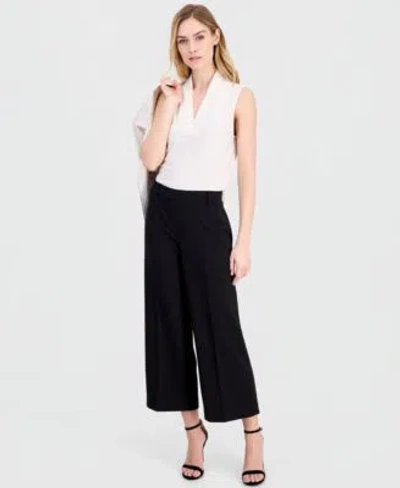 Anne Klein Womens Stretch Crepe Wide Leg Cropped Pull On Pants In Distant Mountain