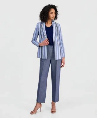 Anne Klein Womens Striped Open Front Blazer Wide Leg Pants In Blue
