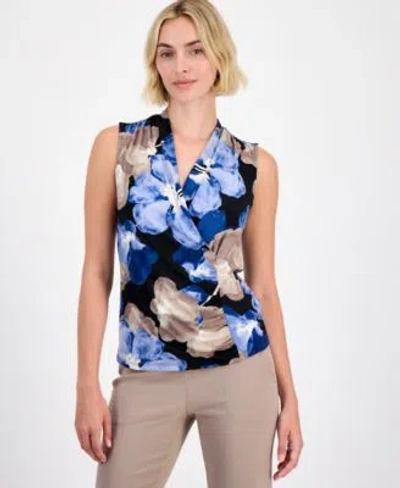 Anne Klein Womens Surplice Neck Sleeveless Top In Dutch Blue Multi