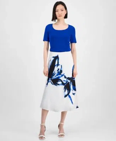 Anne Klein Womens Sweater Top Floral Midi Skirt In Soft Aloe