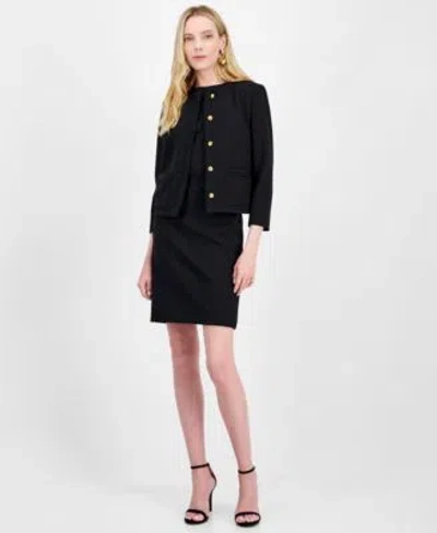 Anne Klein Womens Textured Five Button Jacket Sleeveless Sheath Dress In Anne Black