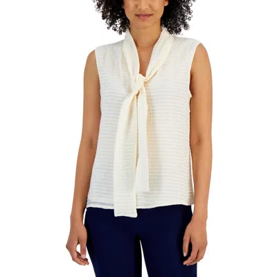 Anne Klein Womens Textured Tie Neck Blouse In Beige