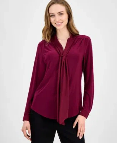 Anne Klein Womens Tie Neck Long Sleeve Blouse P Xxs Xxl In Burgundy