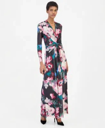 Anne Klein Womens Twist Front Maxi Floral Long Sleeve A Line Dress In Multi