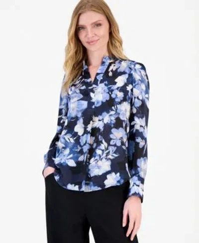 Anne Klein Womens V Neck Pleated Front Blouse In Dutch Blue Multi