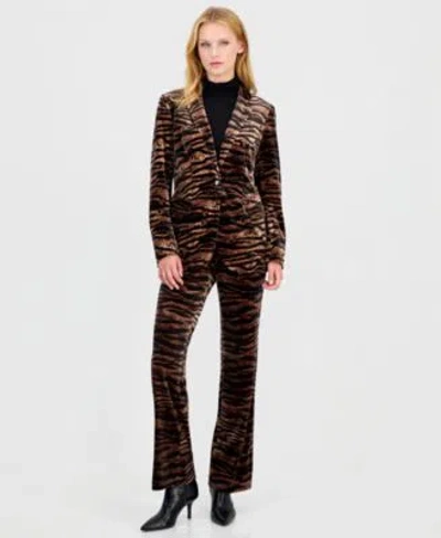 Anne Klein Womens Velvet Animal Print Blazer Flare Pants In Brown
