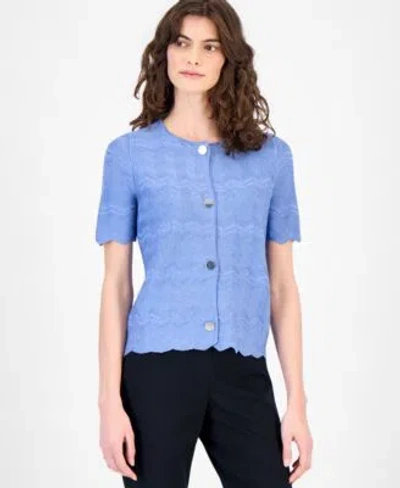Anne Klein Womens Zigzag Short Sleeve Cardigan In Blue
