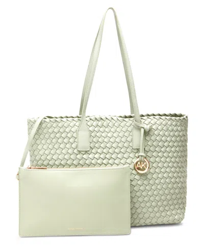Anne Klein Woven Tote With Pouch In Green Fig