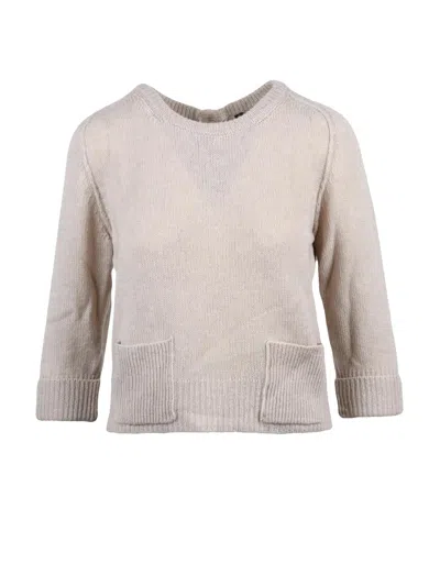 Anneclaire Beige Back Button Virgin Wool-cashmere Short Sweater In White