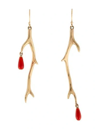 Pre-owned Annette Ferdinandsen 14k Coral Long Thorn Branches Earrings In Multicolor