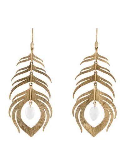 Pre-owned Annette Ferdinandsen 14k Moonstone Labradorite Peacock Feather Drop Earrings In Multi