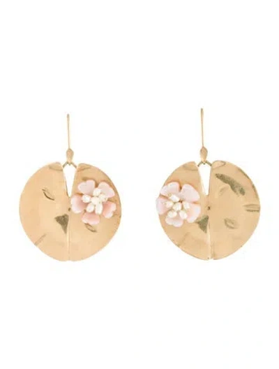 Pre-owned Annette Ferdinandsen 14k Pearl & Mother Of Pearl Lily Pad Earrings In Multicolor