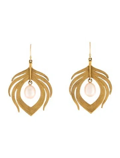 Pre-owned Annette Ferdinandsen 14k Pearl Peacock Feather Drop Earrings In Multicolor
