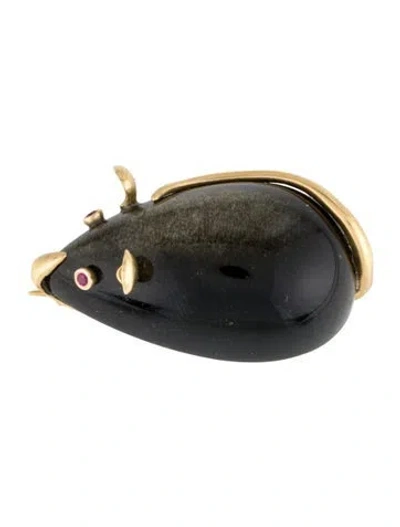 Pre-owned Annette Ferdinandsen 18k Obsidian & Ruby Mouse Brooch In Multi