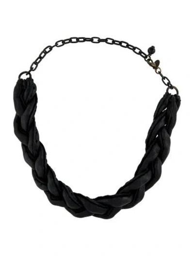 Pre-owned Annie Costello Brown Leather Braided Choker Necklace, 21" In Black