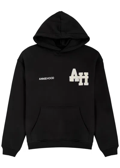 Annie Hood College Logo-embroidered Hooded Cotton Sweatshirt In Black