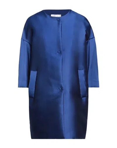Annie P . Woman Overcoat & Trench Coat Blue Size 2 Polyester, Silk