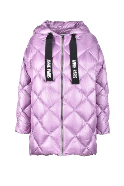 Annie Paris Boxy Quilted Down Jacket With Hood In Purple
