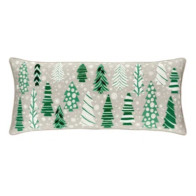 Annie Selke Festive Trees Embroidered Green Decorative Pillow Cover - 15" Lumbar In Gray
