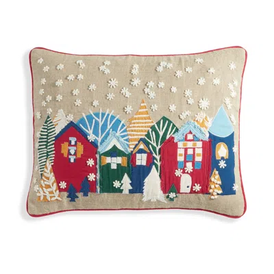 Annie Selke Happy Houses Embroidered Multi Decorative Pillow Cover - 16" Lumbar
