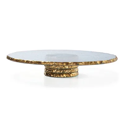 Annieglass Edgey Pedestal Cake Plate In Clear Glass/gold Trim