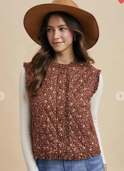 Anniewear Amelia Ditsy Floral Quilted Fall Vest In Brown In Animal Print