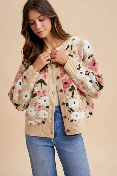 Anniewear Boucle Sweater Cardigan In Flower Pattern In Multi
