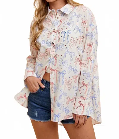 Anniewear Bow Print Long Sleeve Shirt In Ivory In Multi