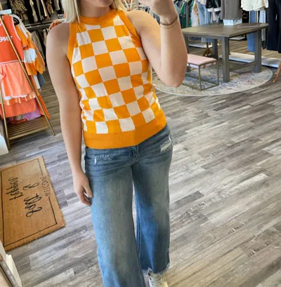 Anniewear Checkerboard Halter Sweater Knit Top In Orange/white