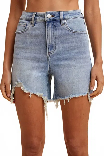Anniewear Comfort Stretch Distressed Frayed Hem Shorts In Light Denim In Blue