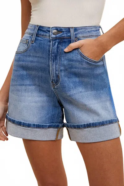 Anniewear Comfort Stretch Turn-up Hem Denim Shorts In Medium Wash In Blue