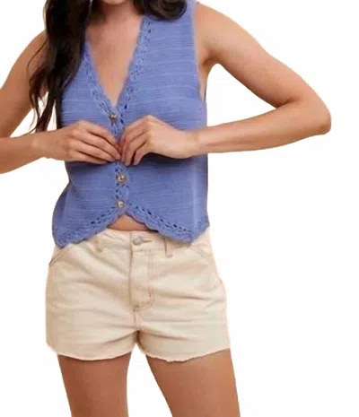 Anniewear Crochet Trimmed Button Down Sweater Vest In Denim Blue In Animal Print