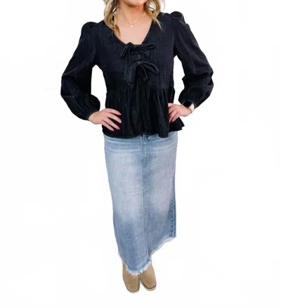 Anniewear Deaunn Denim Tie Front Peplum Blouse In Black In Blue