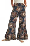 Anniewear Floral Embroidery Wide Palazzo Pant In Blue In Blue