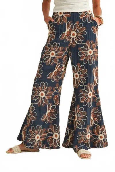Anniewear Floral Embroidery Wide Palazzo Pant In Blue