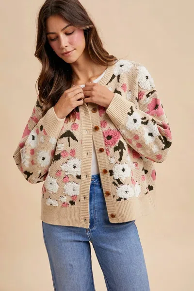 Anniewear Floral Textured Cardigan In Beige In Multi