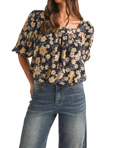 Anniewear Flower Print Balloon Hem Square Neck Top In Black In Multi