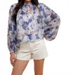 Anniewear Flower Printed Loose Fit Button Down Volume Blouse In Blue Floral In Blue