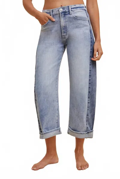Anniewear Gabrielle Two Tone Side Panel Stretch Barrel Leg Jeans In Blue
