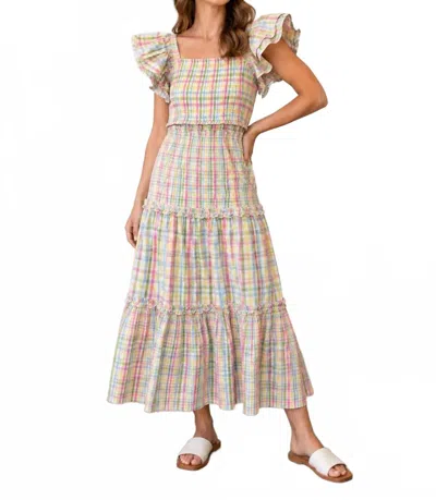 Anniewear Gingham Check Flutter Sleeve Tiered Midi Dress In Multicolor