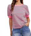 Anniewear Kristen French Terry Knit Top In Green/hot Pink In Multi
