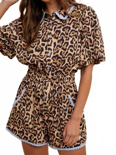 Anniewear Lace Trimmed Leopard Print Button Down Romper In Multi In Brown