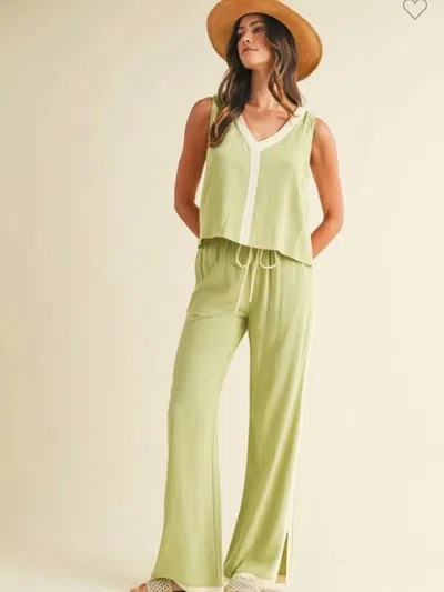 Anniewear Linen Blend Contrast Trim Sleeveless Top And Pants Set In Matcha/ivory In Multi