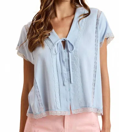 Anniewear Linen Tie-front Oversized Top With Lace Accent In Light Blue
