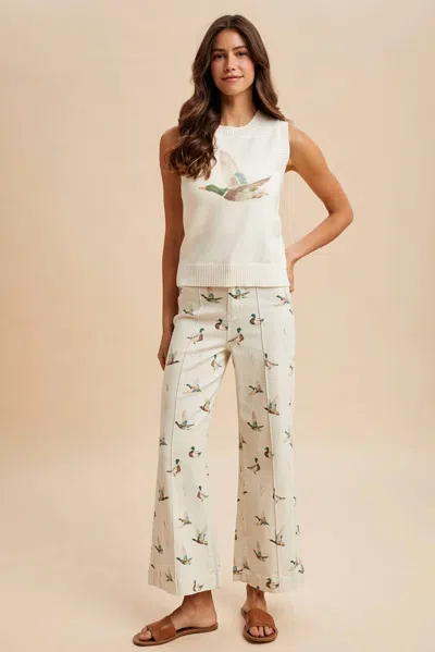 Anniewear Mallard Printed Stretch Denim Wide Leg Jeans In Beige In Neutral